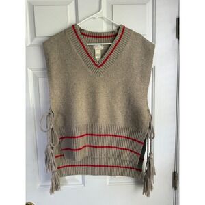 Free People Tan Beige Red Varsity Stripe Tie Side Tassel Sweater Vest OS